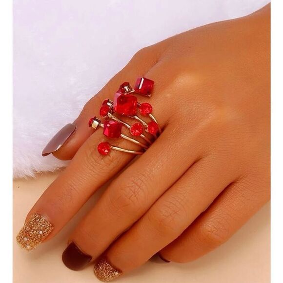 Red modern square stone gold party statement ring - Picture 2 of 2